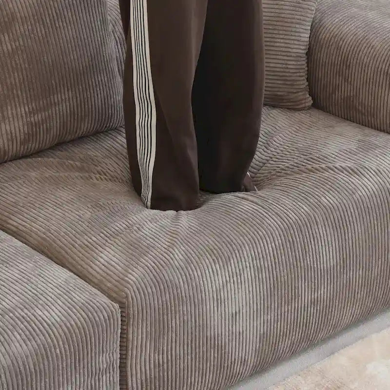 Black / Beige / Light Brown L-Shape Corduroy Sectional Sofa with Ottoman, 5-Seat, With Arms or Armless