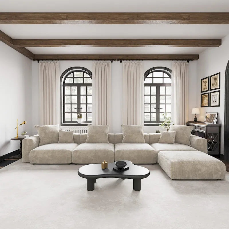 Black / Beige / Light Brown L-Shape Corduroy Sectional Sofa with Ottoman, 5-Seat, With Arms or Armless