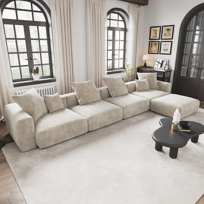 Black / Beige / Light Brown L-Shape Corduroy Sectional Sofa with Ottoman, 5-Seat, With Arms or Armless