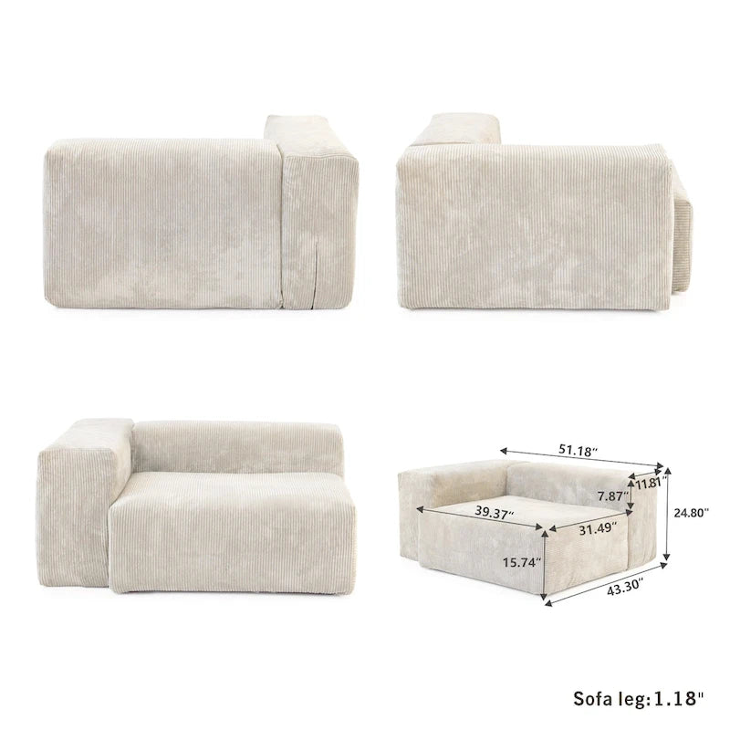 Black / Beige / Light Brown L-Shape Corduroy Sectional Sofa with Ottoman, 5-Seat, With Arms or Armless