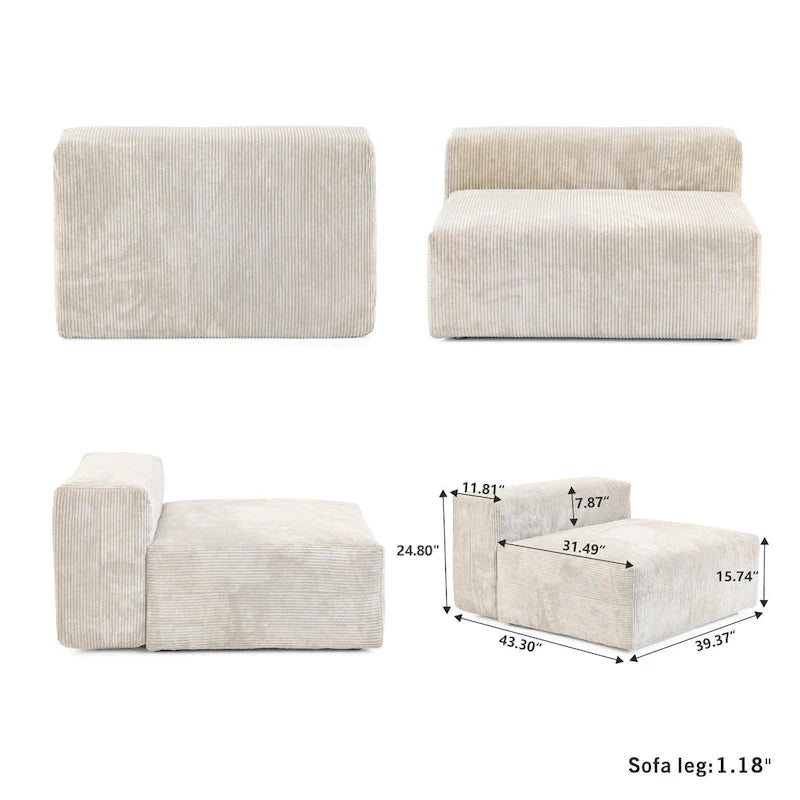 Black / Beige / Light Brown L-Shape Corduroy Sectional Sofa with Ottoman, 5-Seat, With Arms or Armless