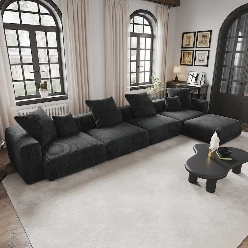Black / Beige / Light Brown L-Shape Corduroy Sectional Sofa with Ottoman, 5-Seat, With Arms or Armless