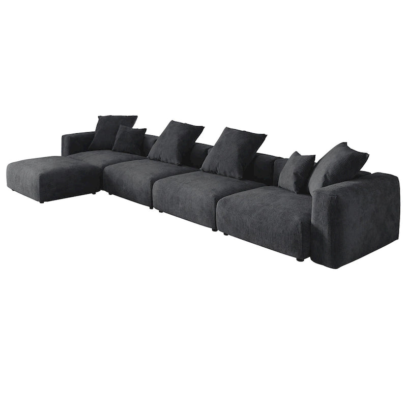 Black / Beige / Light Brown L-Shape Corduroy Sectional Sofa with Ottoman, 5-Seat, With Arms or Armless