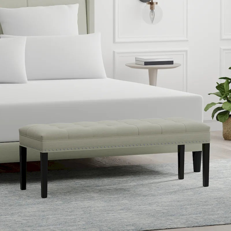Beige / Gray Upholstered Bench, Button Tufted, Single Seat