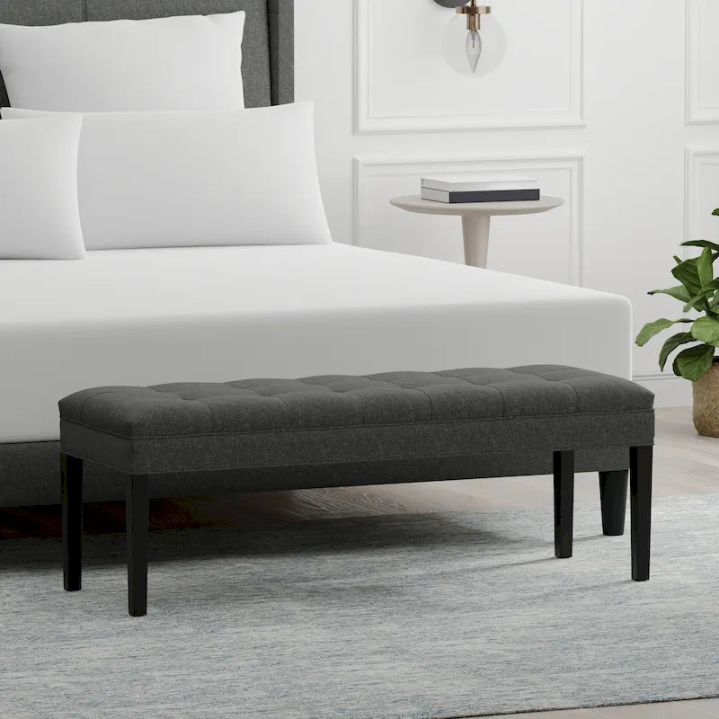 Beige / Gray Upholstered Bench, Button Tufted, Single Seat