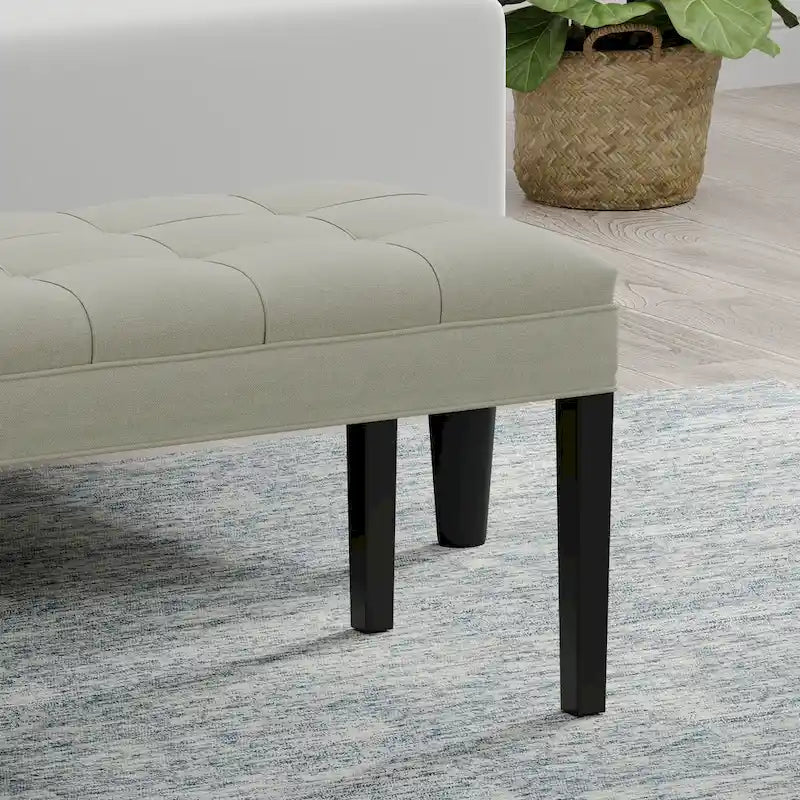 Beige / Gray Upholstered Bench, Button Tufted, Single Seat