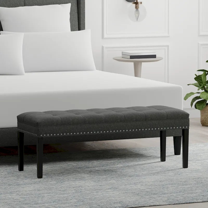 Beige / Gray Upholstered Bench, Button Tufted, Single Seat