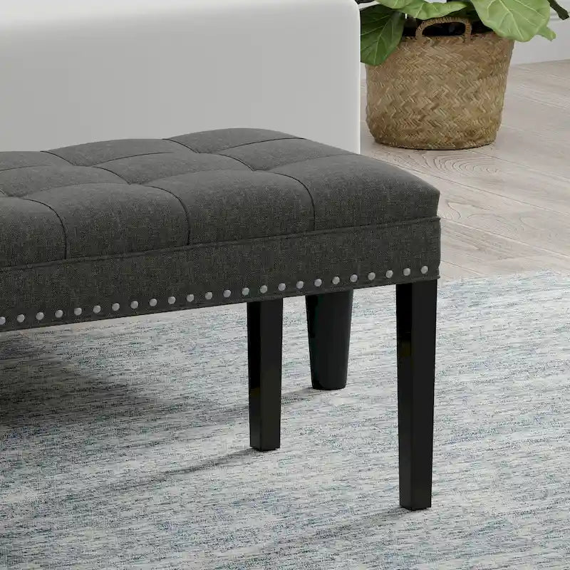 Beige / Gray Upholstered Bench, Button Tufted, Single Seat