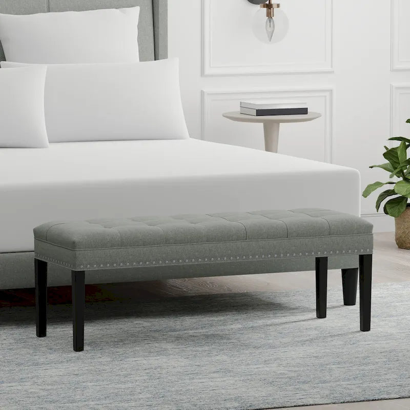 Beige / Gray Upholstered Bench, Button Tufted, Single Seat
