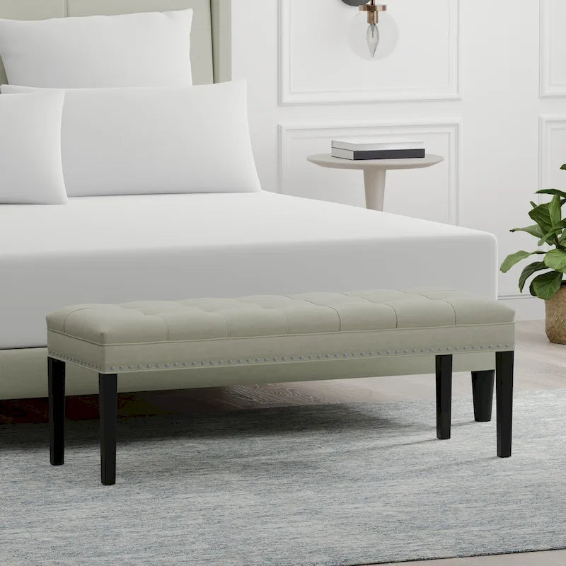 Beige / Gray Upholstered Bench, Button Tufted, Single Seat