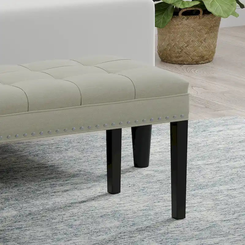 Beige / Gray Upholstered Bench, Button Tufted, Single Seat