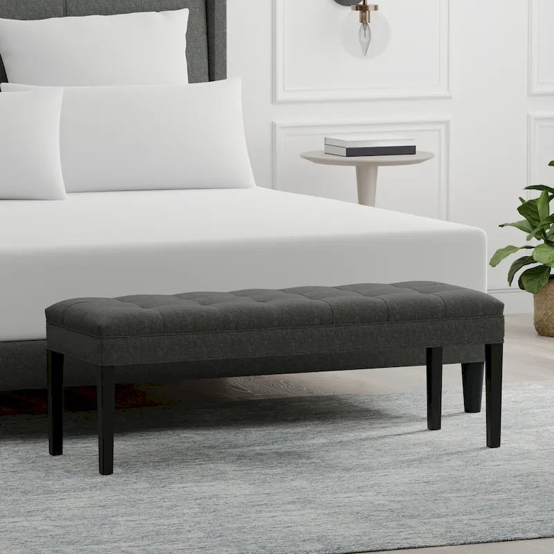 Beige / Gray Upholstered Bench, Button Tufted, Single Seat