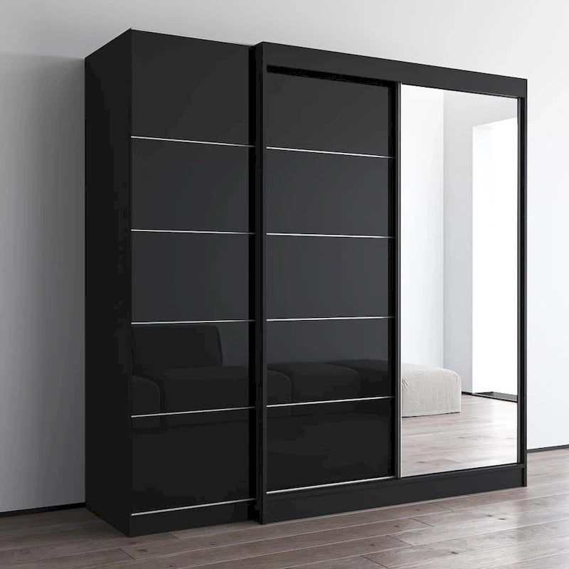 2-Door Wardrobe with Mirror, Glass Front, 2-Person (Gray / Black / White)