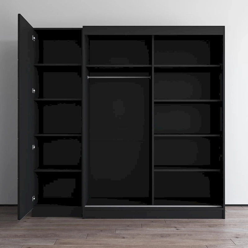 2-Door Wardrobe with Mirror, Glass Front, 2-Person (Gray / Black / White)