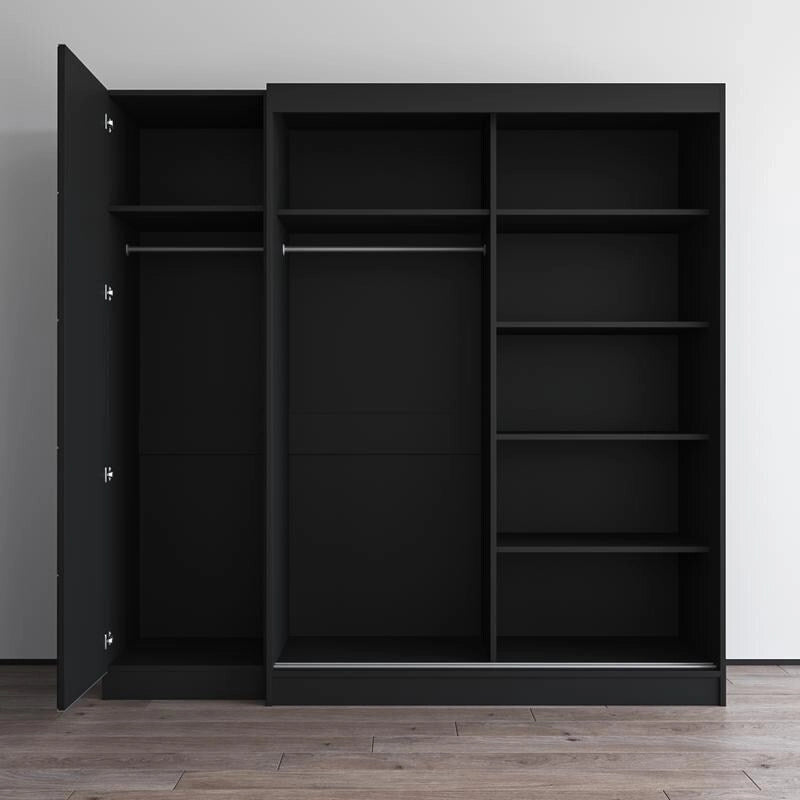 2-Door Wardrobe with Mirror, Glass Front, 2-Person (Gray / Black / White)