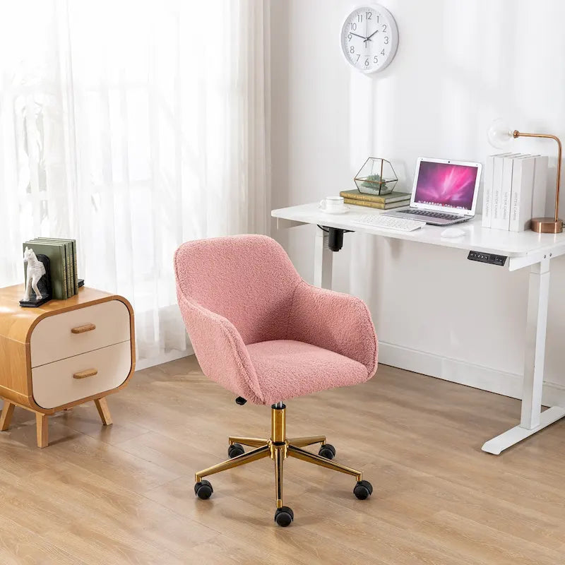 White / Yellow / Green / Pink Swivel Office Chair – Teddy Fabric, Gold Base, 1-Person