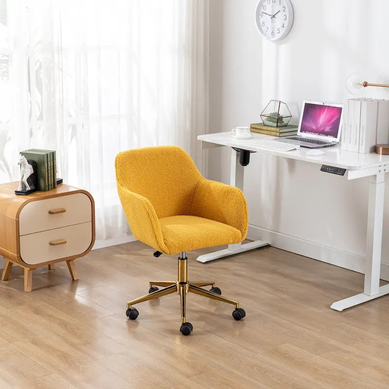 White / Yellow / Green / Pink Swivel Office Chair – Teddy Fabric, Gold Base, 1-Person