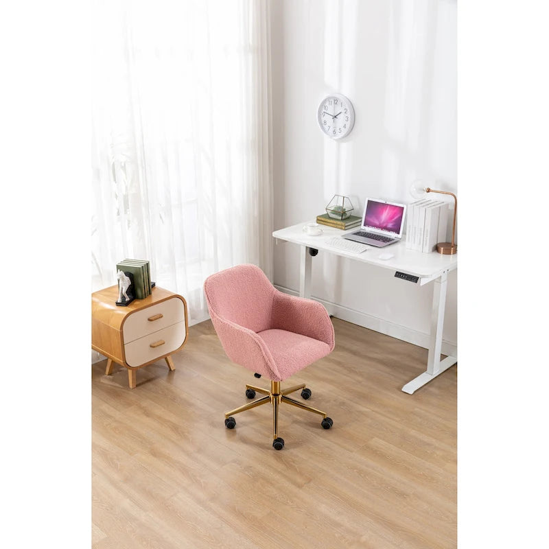 White / Yellow / Green / Pink Swivel Office Chair – Teddy Fabric, Gold Base, 1-Person