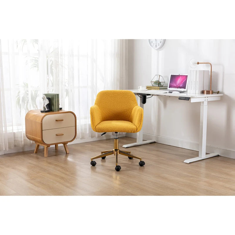 White / Yellow / Green / Pink Swivel Office Chair – Teddy Fabric, Gold Base, 1-Person