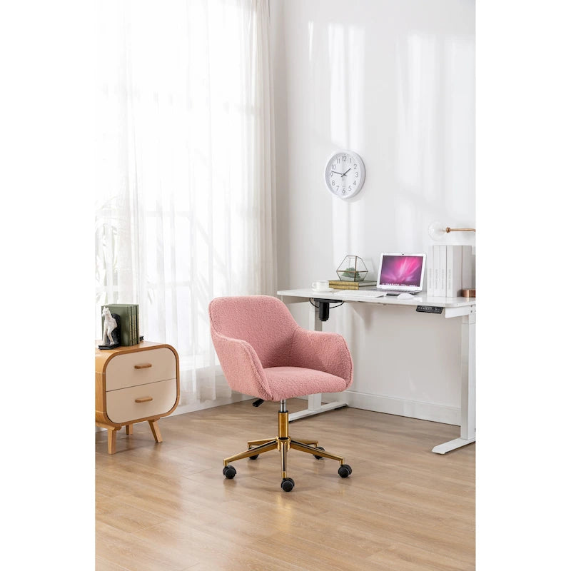 White / Yellow / Green / Pink Swivel Office Chair – Teddy Fabric, Gold Base, 1-Person