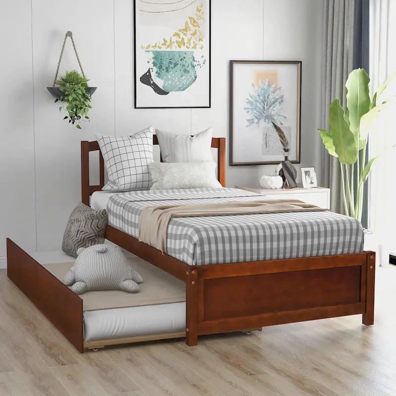 Twin Platform Wood Bed with Trundle, Sleeps 2 (Grey / Walnut / Espresso / White)