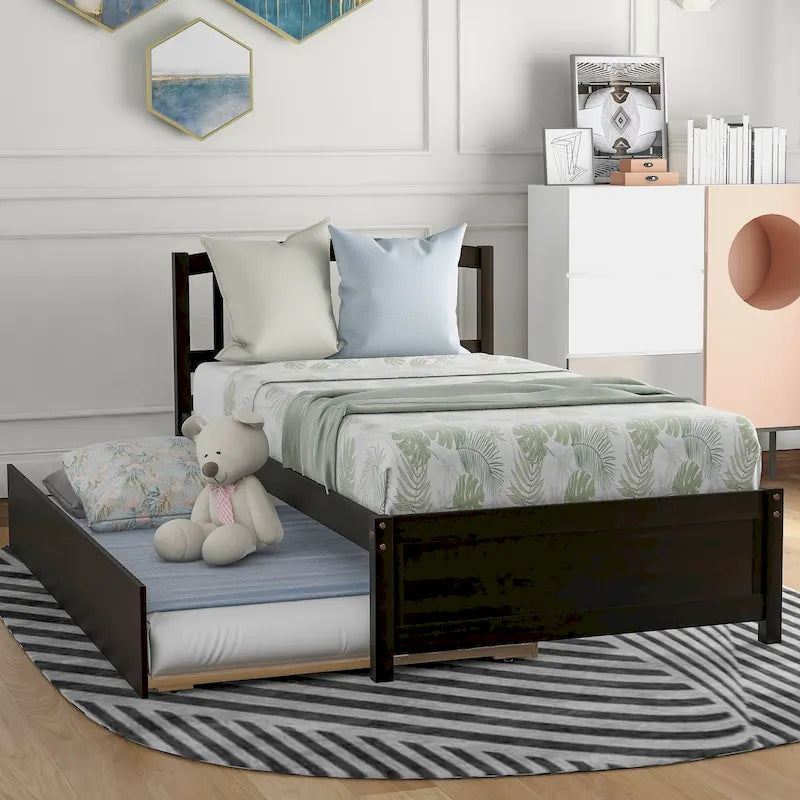 Twin Platform Wood Bed with Trundle, Sleeps 2 (Grey / Walnut / Espresso / White)