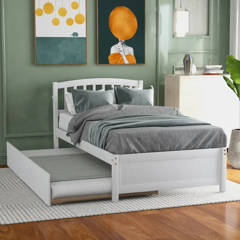 Twin Platform Wood Bed with Trundle, Sleeps 2 (Grey / Walnut / Espresso / White)