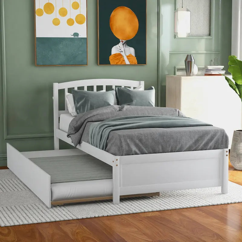 Twin Platform Wood Bed with Trundle, Sleeps 2 (Grey / Walnut / Espresso / White)