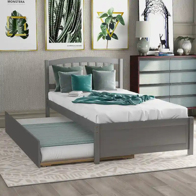 Twin Platform Wood Bed with Trundle, Sleeps 2 (Grey / Walnut / Espresso / White)