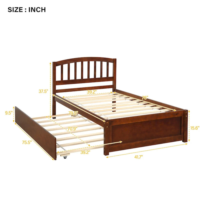 Twin Platform Wood Bed with Trundle, Sleeps 2 (Grey / Walnut / Espresso / White)