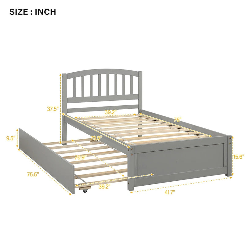 Twin Platform Wood Bed with Trundle, Sleeps 2 (Grey / Walnut / Espresso / White)