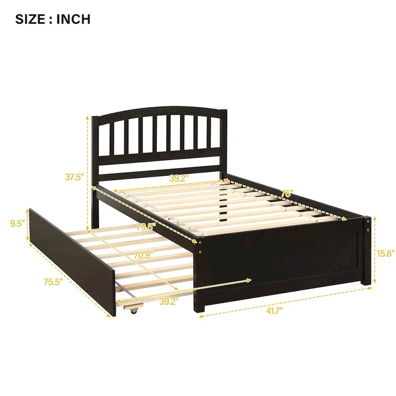 Twin Platform Wood Bed with Trundle, Sleeps 2 (Grey / Walnut / Espresso / White)