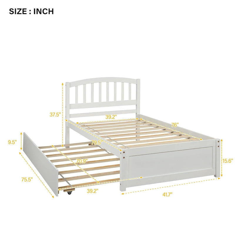 Twin Platform Wood Bed with Trundle, Sleeps 2 (Grey / Walnut / Espresso / White)