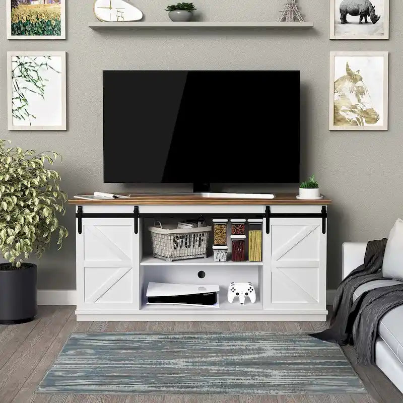 TV Stand, White / Espresso / Oak, Barn Door Style, Fits 43"–65" TVs, 2-Person Assembly