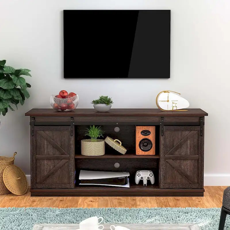 TV Stand, White / Espresso / Oak, Barn Door Style, Fits 43"–65" TVs, 2-Person Assembly