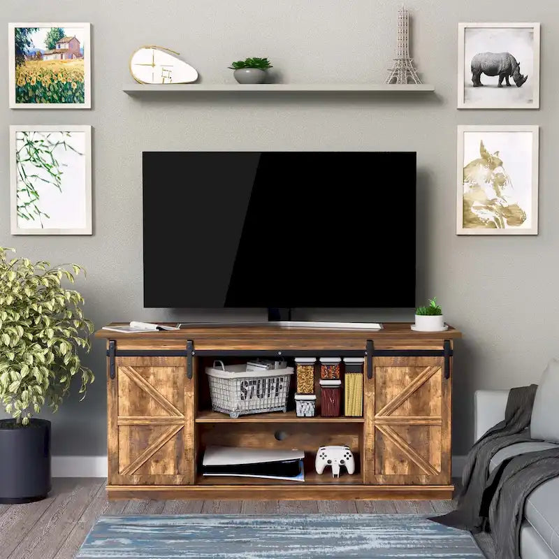 TV Stand, White / Espresso / Oak, Barn Door Style, Fits 43"–65" TVs, 2-Person Assembly