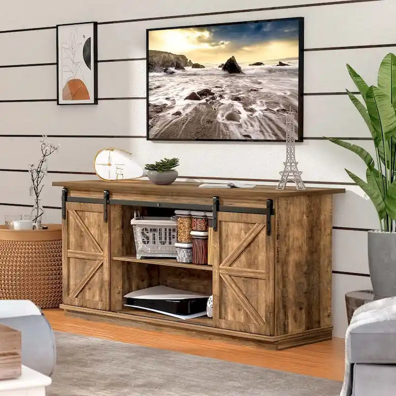 TV Stand, White / Espresso / Oak, Barn Door Style, Fits 43"–65" TVs, 2-Person Assembly