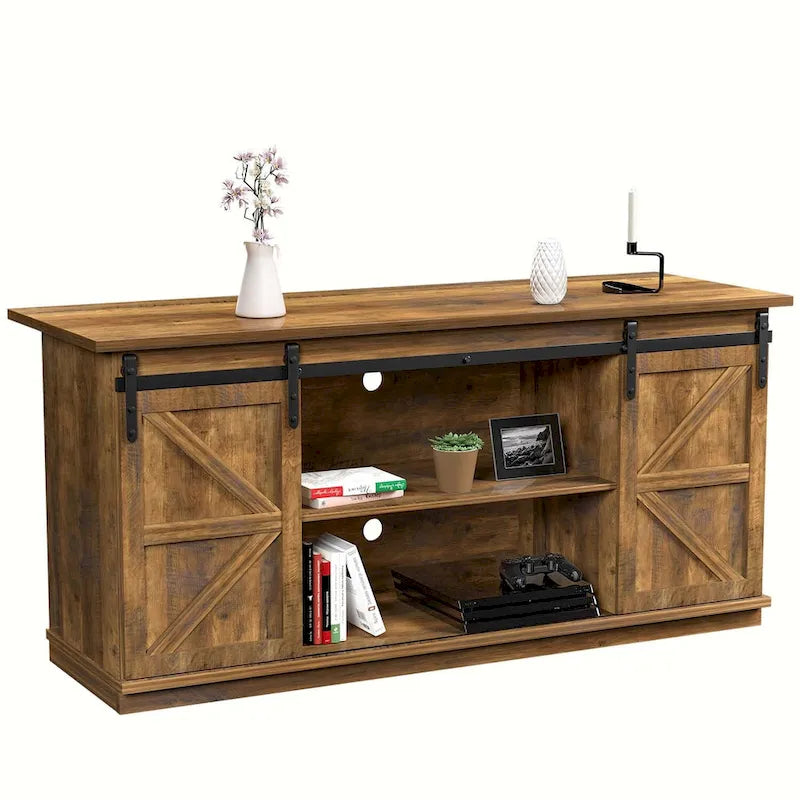 TV Stand, White / Espresso / Oak, Barn Door Style, Fits 43"–65" TVs, 2-Person Assembly