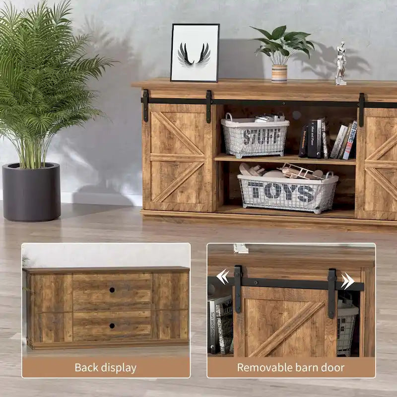 TV Stand, White / Espresso / Oak, Barn Door Style, Fits 43"–65" TVs, 2-Person Assembly