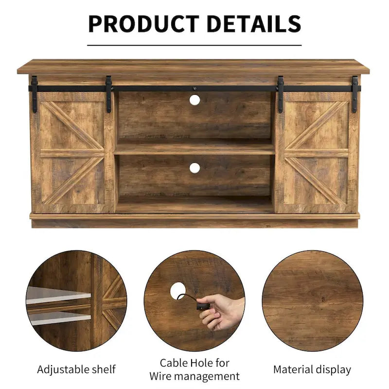 TV Stand, White / Espresso / Oak, Barn Door Style, Fits 43"–65" TVs, 2-Person Assembly