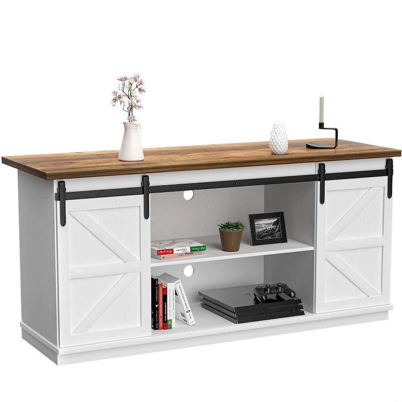 TV Stand, White / Espresso / Oak, Barn Door Style, Fits 43"–65" TVs, 2-Person Assembly
