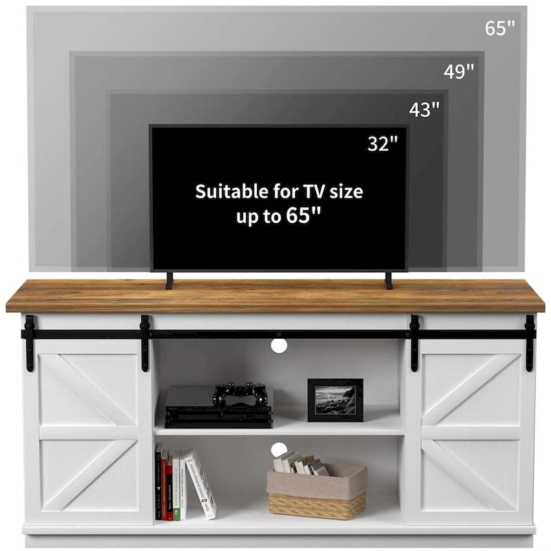 TV Stand, White / Espresso / Oak, Barn Door Style, Fits 43"–65" TVs, 2-Person Assembly