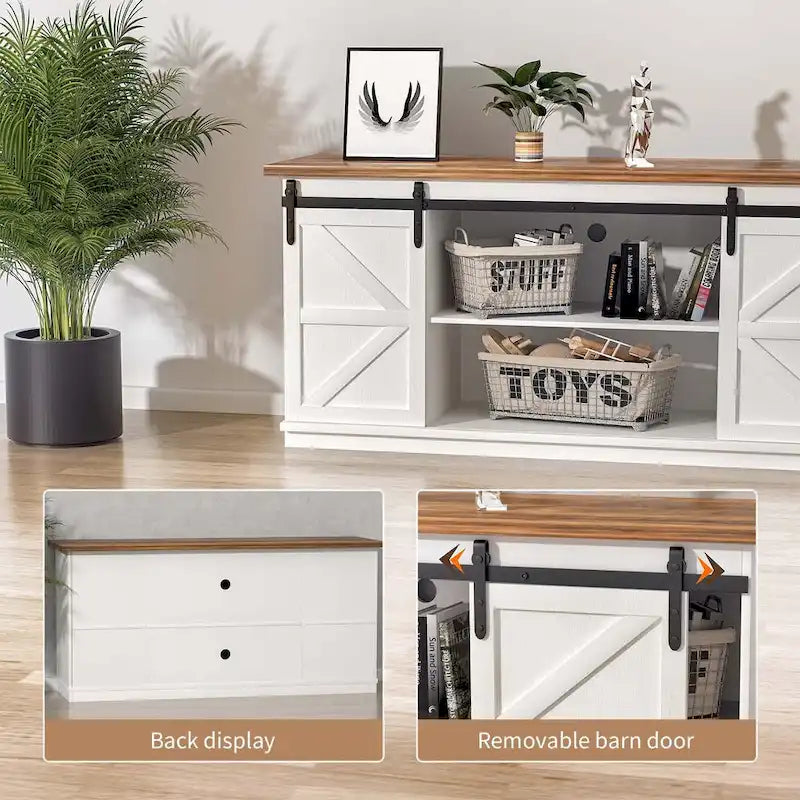 TV Stand, White / Espresso / Oak, Barn Door Style, Fits 43"–65" TVs, 2-Person Assembly