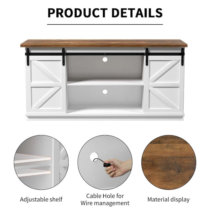 TV Stand, White / Espresso / Oak, Barn Door Style, Fits 43"–65" TVs, 2-Person Assembly