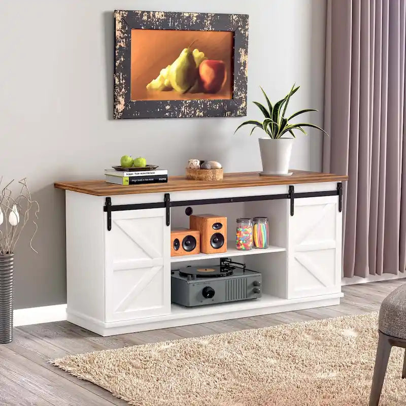 TV Stand, White / Espresso / Oak, Barn Door Style, Fits 43"–65" TVs, 2-Person Assembly