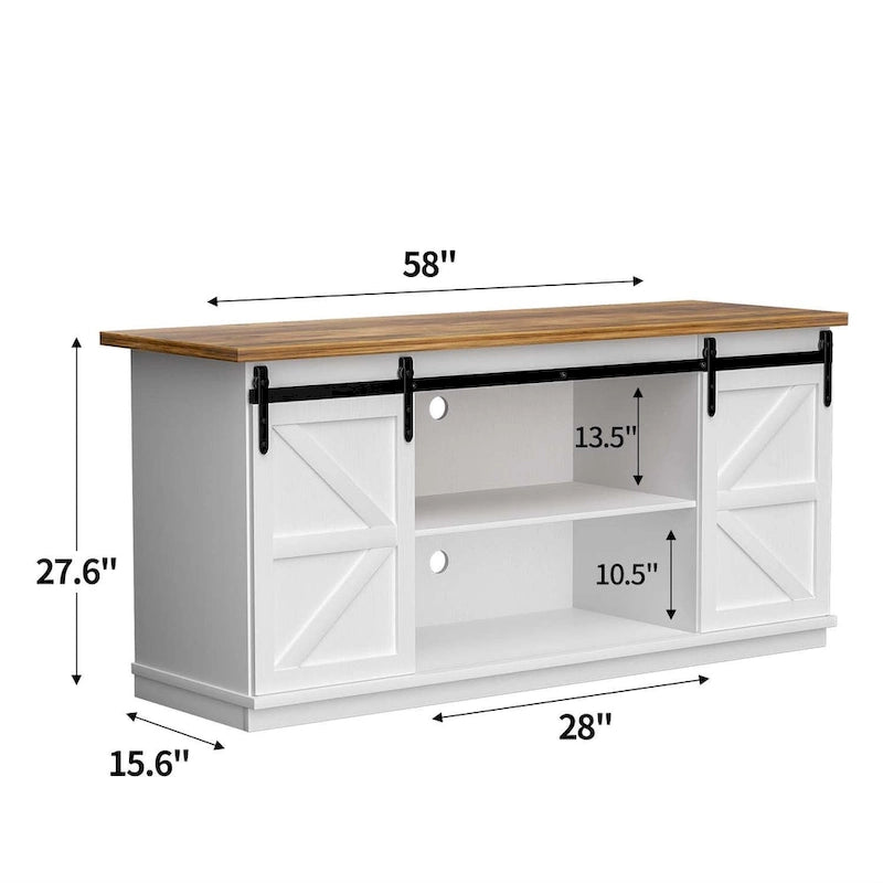 TV Stand, White / Espresso / Oak, Barn Door Style, Fits 43"–65" TVs, 2-Person Assembly