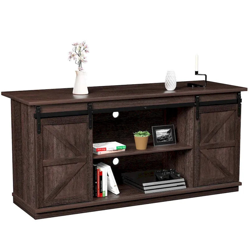 TV Stand, White / Espresso / Oak, Barn Door Style, Fits 43"–65" TVs, 2-Person Assembly