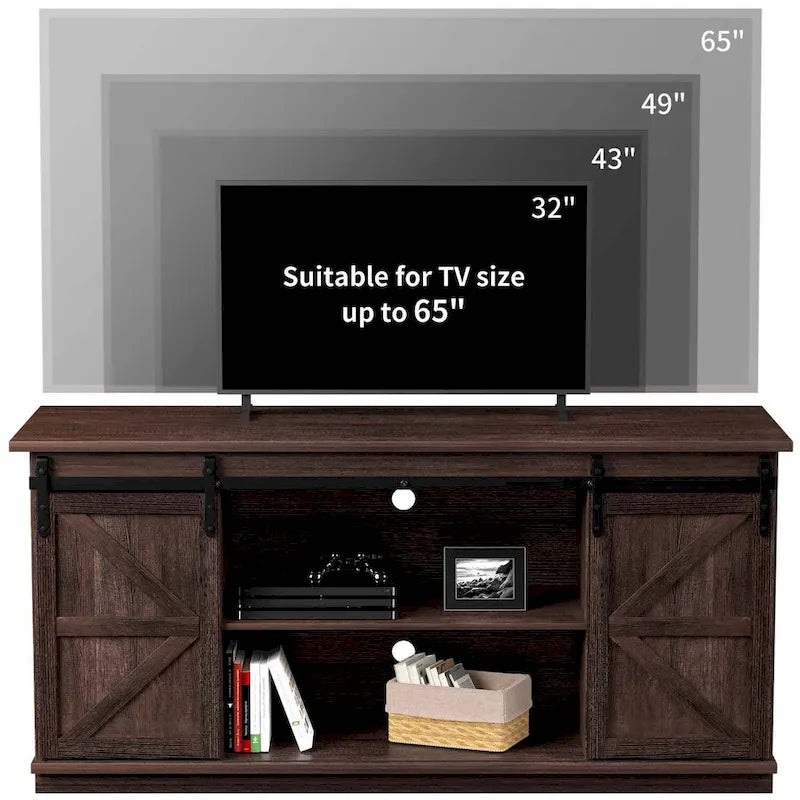 TV Stand, White / Espresso / Oak, Barn Door Style, Fits 43"–65" TVs, 2-Person Assembly