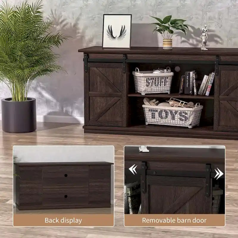 TV Stand, White / Espresso / Oak, Barn Door Style, Fits 43"–65" TVs, 2-Person Assembly
