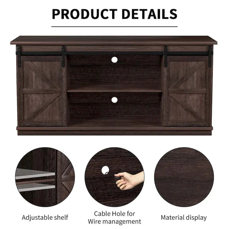TV Stand, White / Espresso / Oak, Barn Door Style, Fits 43"–65" TVs, 2-Person Assembly